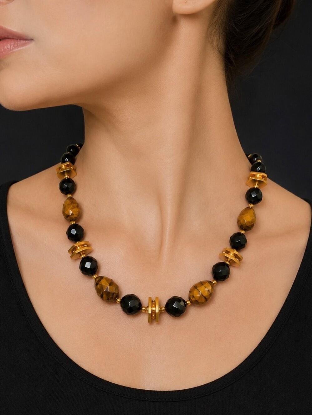 Vintage West Germany Black and Brown Plastic Faceted Beaded Necklace